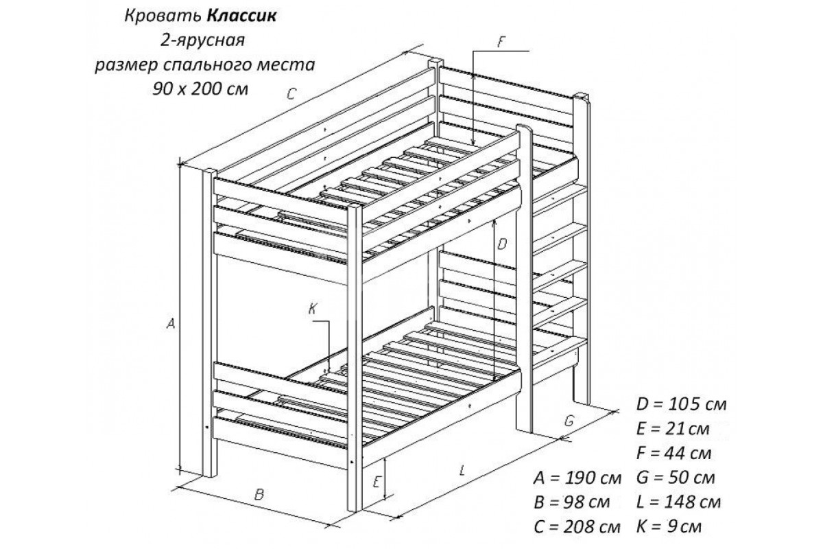 чертеж двухъярусной деревянной кровати